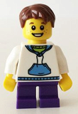 LEGO hol035 White Hoodie with Blue Pockets, Dark Purple Short Legs, Reddish Brown Hair  (850939 Boy)